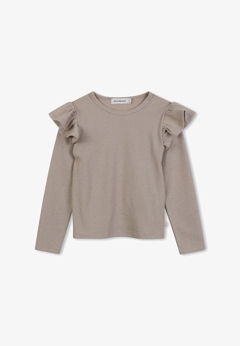 Top a maniche lunghe in un tessuto a coste di un beige chiaro, caratterizzato da dettagli arricciati sulle spalle e un design a girocollo, con un'etichetta vicino all'orlo.