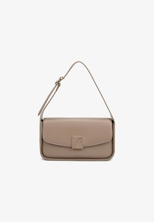 Beige Handtasche aus Kunstleder mit rechteckiger Form, goldenen Metallteilen, Klappenverschluss und einem einstellbaren Schulterriemen.