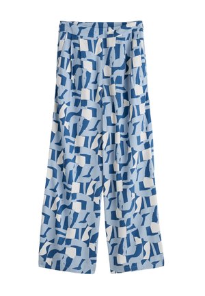 Blauw en wit gestreepte wijde broek, gemaakt van een lichtgewicht stof, met abstracte geometrische ontwerpen en een geplooide detail bij de taille.