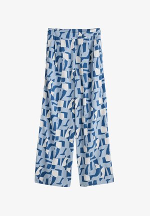 Sinine ja valge mustriga laiad püksid, valmistatud kergest kangast, millel on abstraktsed geomeetrilised kujundid ja volditud detail vööl.