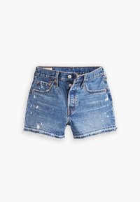 Denimshorts i ljusblått med sliten finish, fransad nederkant, femficksdesign och knappstängning framtill.