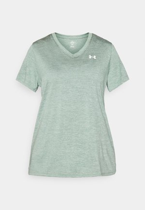 Green short-sleeve athletic T-shirt with a V-neck, made of a textured, moisture-wicking fabric, featuring a small white logo on the chest.