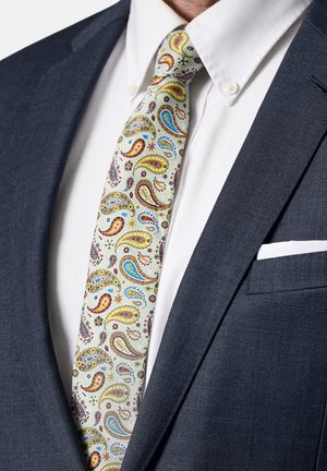 Man wearing navy blue suit jacket, white dress shirt, and light-colored tie with multicolored paisley pattern. White pocket square visible.