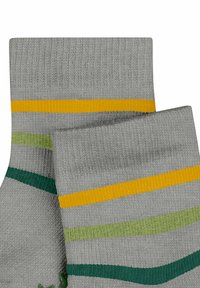 Gray socks with horizontal stripes in yellow, green, and dark green. Ribbed cuff texture, soft material, and medium thickness.
