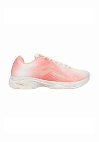 Zapatilla deportiva ligera con parte superior de malla degradada en rosa y blanco, superficie texturizada, suela de goma blanca y cierre de cordones.