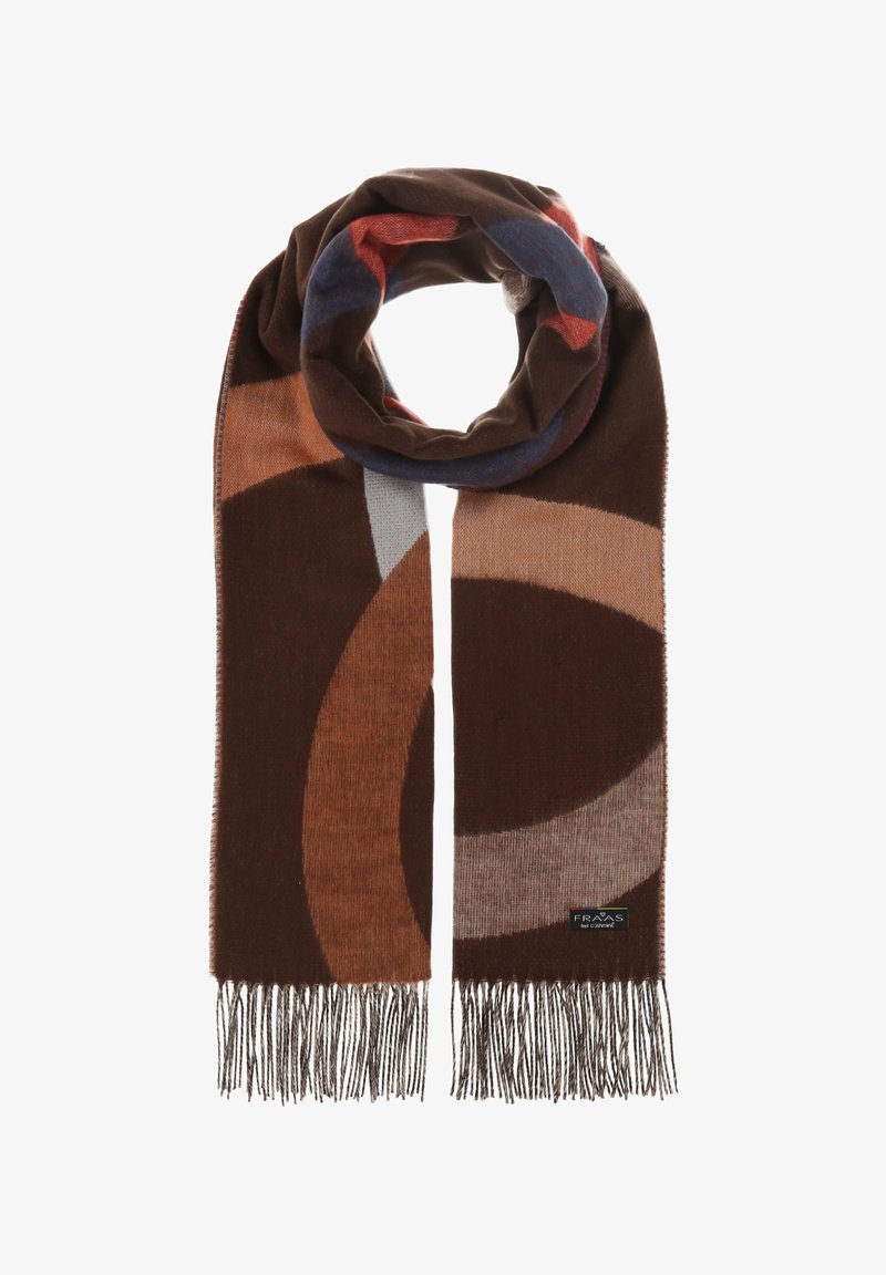 Fular maroniu și cu motive multicolore, realizat dintr-un material moale, având un design geometric și marginile franjurate.