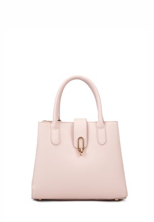 Pink leather handbag with two short handles, structured shape, and a flap closure. Features subtle textured finish and gold hardware accents.