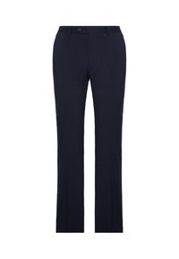 Marinblå raka byxor med flat front, bältesöljor och enstaka knappstängning. Tillverkade av ett mjukt tyg med en slät yta.
