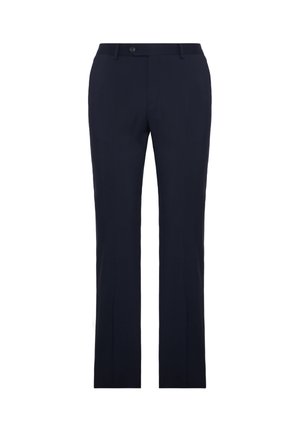 Marynarskie spodnie o prostym kroju z płaskim przodem, z paskami na pasek i pojedynczym zapięciem na guzik. Wykonane z gładkiego materiału o miękkiej teksturze.