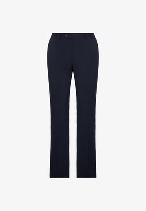 Námořnické rovné kalhoty s plochým předním dílem, poutky na pásek a jedním knoflíkem na zapínání. Vyrobené z hladké tkaniny s jemnou texturou.