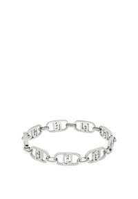 Bracciale in metallo argento caratterizzato da forme ovali e rettangolari collegate, alcune decorate con piccoli cristalli, che mostrano un motivo inciso.