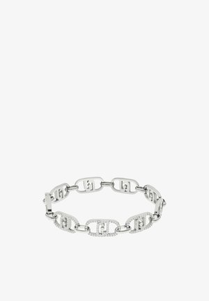 Bracciale in metallo argento caratterizzato da forme ovali e rettangolari collegate, alcune decorate con piccoli cristalli, che mostrano un motivo inciso.