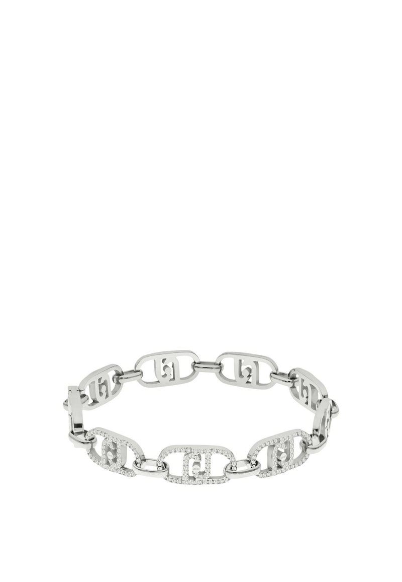 Bracciale in metallo argento caratterizzato da forme ovali e rettangolari collegate, alcune decorate con piccoli cristalli, che mostrano un motivo inciso.
