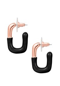 Svarta och roséguld hoop örhängen med U-formad design, slät yta och klar gummibakgrund för säker bärande.