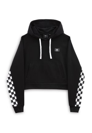 Zwarte Vans hoodie met witte trekkoorden, zakken aan de voorkant, schaakbordpatroon op de mouwen en een klein Vans-logo patch op de borst.