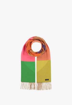 Sciarpa multicolore con sezioni rosa, arancioni, verdi e gialle. Realizzata in materiale morbido con frange agli estremi.