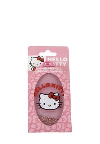 Spazzola districante per capelli con un design di Hello Kitty su uno sfondo rosa, con una finitura lucida e accenti di glitter rosa nella parte inferiore.