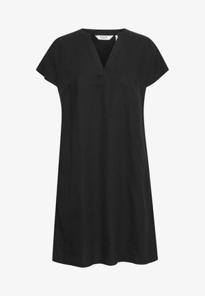 Czarna lniana sukienka z dekoltem w serek, krótkimi rękawami w kształcie rękawów i luźnym krojem. Gładka tekstura i długość do kolan. Idealna do noszenia na co dzień.