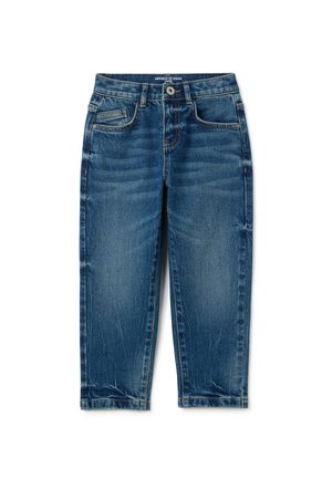 Jeans in denim con lavaggio blu medio, taglio dritto, cinque tasche, chiusura con bottone superiore e dettagli di assottigliamento leggeri sul tessuto.