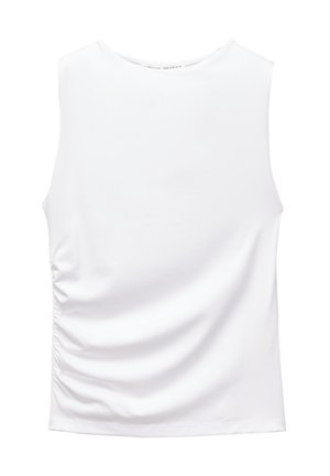 Top sans manches blanc avec un col rond et des détails froncés sur les côtés, fabriqué en tissu lisse et doux, avec une silhouette ajustée.