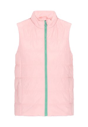 Lyserød ærmeløs vest med horisontale sømme, høj krave og en teal lynlås. Fremstillet af et glat, letvægtsstof.