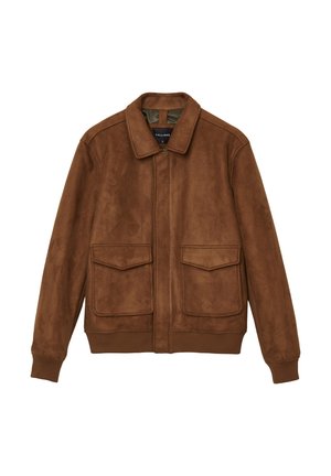 Veste en suède marron avec col, deux poches sur le devant, poignets côtelés et ourlet côtelé. Texture lisse et design simple sans embellissements.