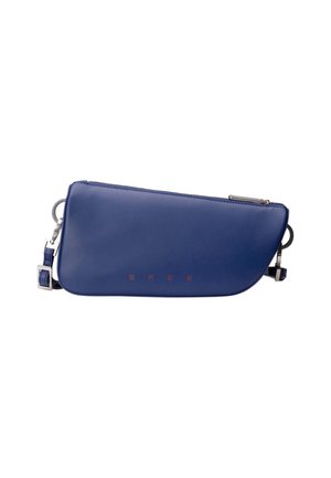 Navy blue leather crossbody bag with silver hardware and zipper, small rectangular shape, and subtle brand name embossed on front.