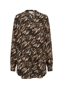 Blusa a maniche lunghe in un motivo ondulato marrone, nero e crema. Presenta un scollo a V e polsini arricciati, realizzata in un tessuto leggero.