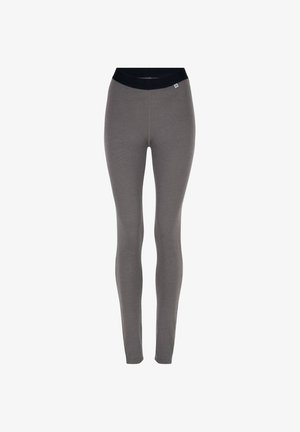 Leggings gris avec un design ajusté, une taille élastique noire et une texture lisse. Fabriqués à partir d'un tissu extensible pour plus de confort.