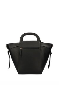 Black leather tote bag with an angular shape, featuring a top handle, side ties, and a front zip pocket with gold hardware accents.