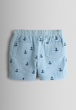 Blå og hvide stribede shorts med gentaget ankerprint, elastisk talje og to baglommer. Bomuldsstof, let tekstur.