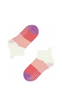 Chaussettes de cheville colorées avec un motif géométrique dans des nuances de rose, rouge et violet, et une semelle dotée d'un grip antidérapant à pois.