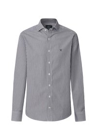 Raidallinen paita tummansinisessä ja valkoisessa, pitkät hihat, nappikaulus, jossa on pieni logo vasemmassa rinnassa, valmistettu kevyestä kankaasta.