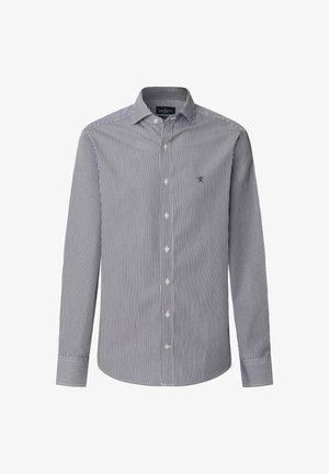 Gestreepte shirt in navy en wit, lange mouwen, met knoopsluiting, voorzien van een klein logo op de linkerborst, gemaakt van lichtgewicht stof.