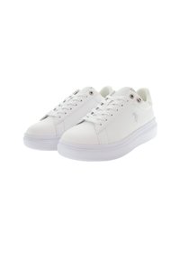 Bílé tenisky s hladkým koženým svrškem, kulatou špičkou, plochými tkaničkami a strukturovanou patou. Mají jemné logo a odolnou gumovou podrážku.