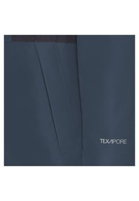 Nahaufnahme einer dunkelblauen wasserdichten Jackentasche mit angenähter Klappe und nahe gedrucktem "TEXAPORE"-Logo.