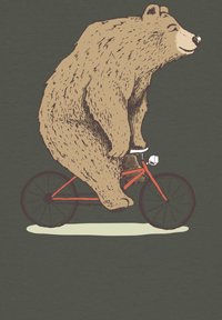 Illustratie van een grote, harige bruine beer die op een rode fiets met een bel rijdt, tegen een donker groene achtergrond.