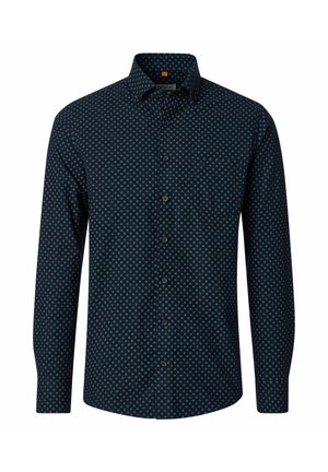 Herren langärmeliges dunkelblaues Hemd mit kleinen weißen kreisförmigen Mustern und einer Brusttasche auf der linken Seite.