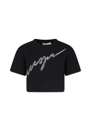 Zwarte getailleerde t-shirt van katoen, met een glanzend strassontwerp in een cursieve lettertype aan de voorkant en een klassieke ronde hals.