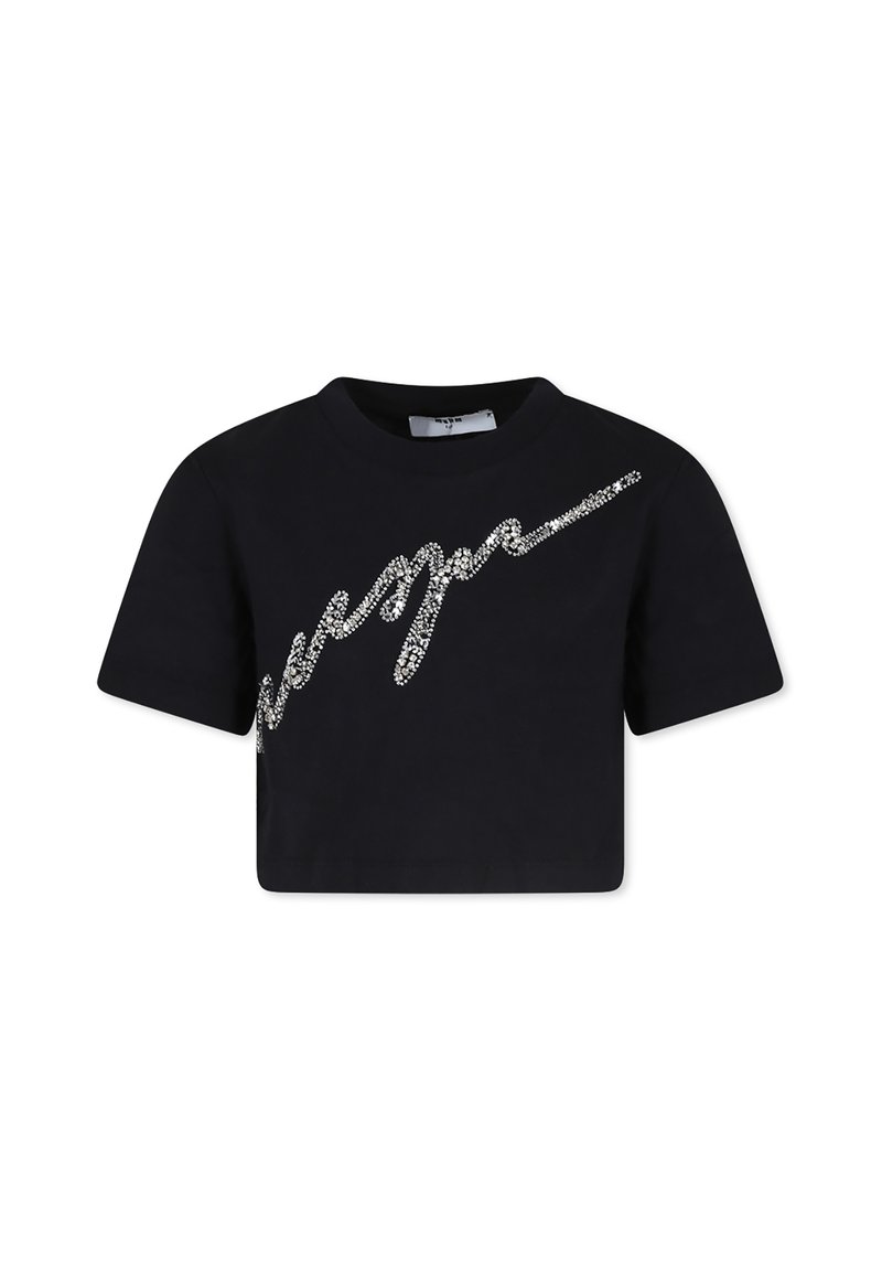 Zwarte getailleerde t-shirt van katoen, met een glanzend strassontwerp in een cursieve lettertype aan de voorkant en een klassieke ronde hals.