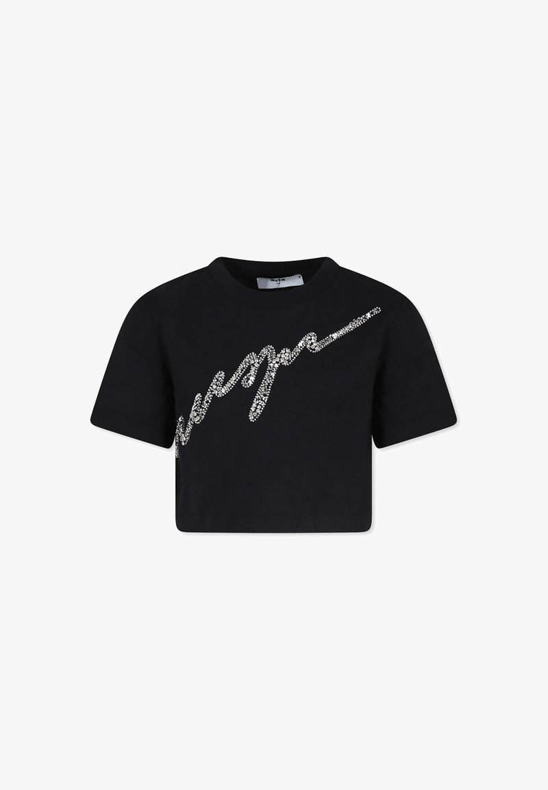 Zwarte getailleerde t-shirt van katoen, met een glanzend strassontwerp in een cursieve lettertype aan de voorkant en een klassieke ronde hals.