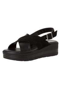 Infradito neri con tomaia in camoscio e fascia anteriore in pelle liscia. Presenta un design slingback con una fibbia regolabile in argento e una suola piatta spessa.