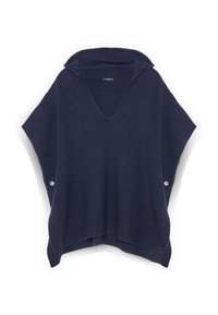 Granatowy poncho z dekoltem w kształcie litery V i teksturowaną tkaniną. Posiada boczne guziki oraz luźny krój, zaprojektowany z myślą o komforcie i swobodzie ruchów.