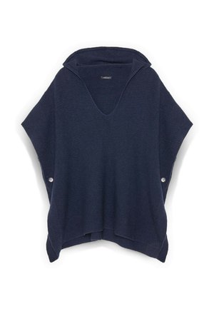 Tmavě modrý pončo s výstřihem do V a texturovanou látkou. Má boční knoflíky a pohodlný volný střih pro komfort a volnost pohybu.