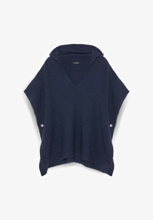 Granatowy poncho z dekoltem w kształcie litery V i teksturowaną tkaniną. Posiada boczne guziki oraz luźny krój, zaprojektowany z myślą o komforcie i swobodzie ruchów.