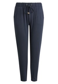 Pantalones jogger azul marino hechos de una tela suave, con una cintura elástica que cuenta con cierre de cordón y bolsillos laterales. Diseño ajustado.