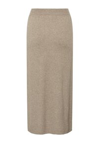 Falda de punto beige hasta la rodilla con cintura elástica y corte recto simple, fabricada en una tela suave.
