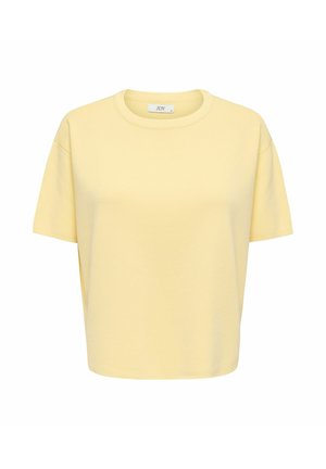T-shirt a maniche corte di colore giallo chiaro con scollo rotondo, vestibilità morbida e collo a coste su sfondo bianco.