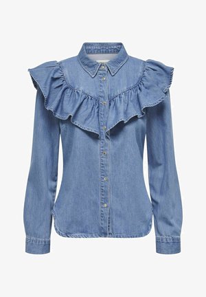 Džínová košile s dlouhými rukávy, rouchovým límcem, zapínáním na knoflíky vpředu a světle modrou barvou. Měkká textura a volný střih.