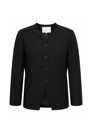 Blazer noir pour femme avec quatre boutons sur le devant, manches longues, deux poches fendues à l'avant et col en V.
